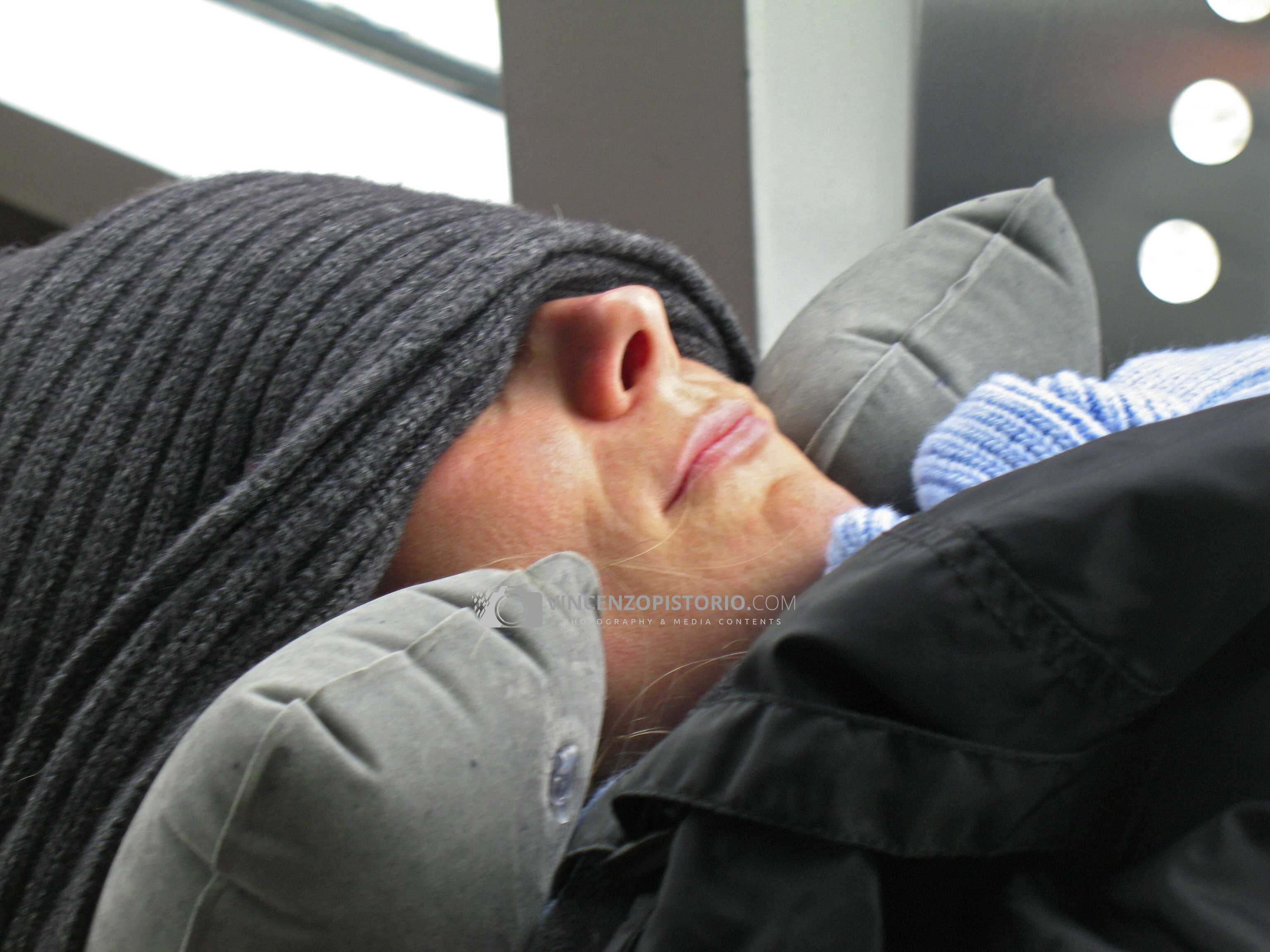 Silvia sleeping at El Calafate airport